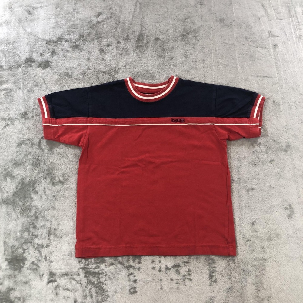 vtg OshKosh Shirt Boys 5 Red Navy Colorblock Crewneck Short Sleeve Stripe Trim